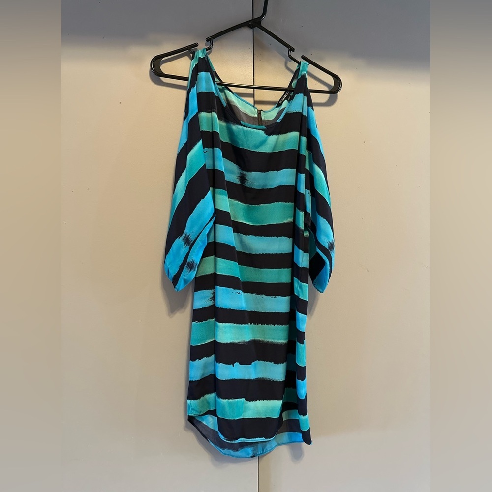 Express - Teal and Navy Striped Slit-Sleeve Dress (Size XS)
